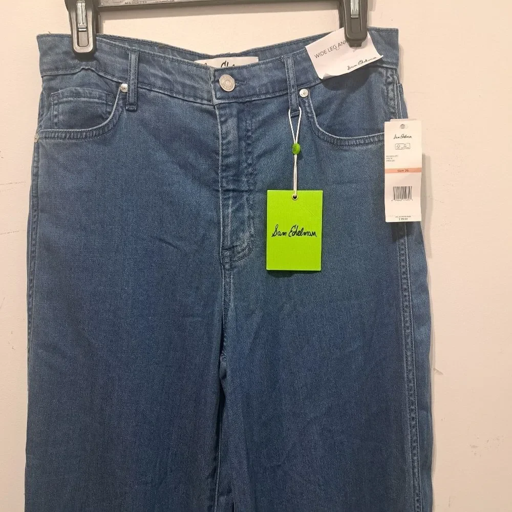 Sam Edelman High Rise Cuffed Boho Wide Leg Denim Jeans Mystic Size 26 NWT